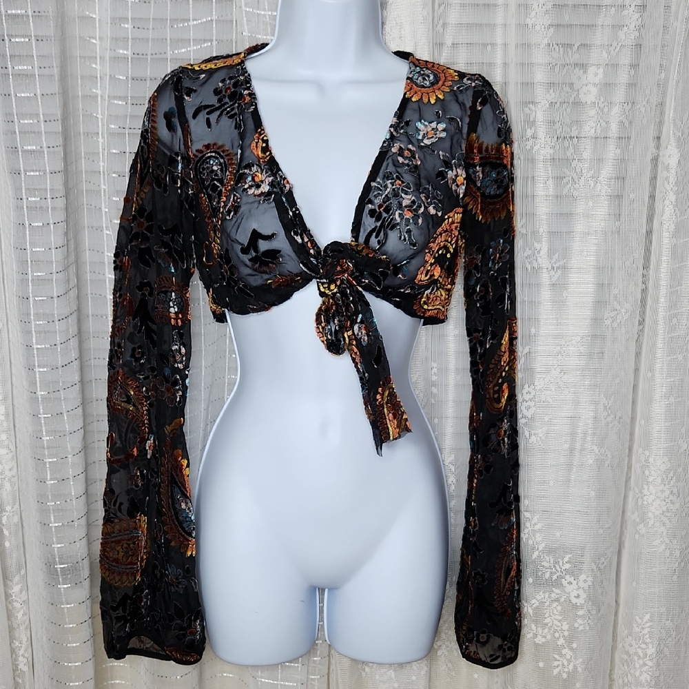 Tiger Mist Black Sheer Floral Laser Cut Velvet long-sleeved, tie-front crop Top